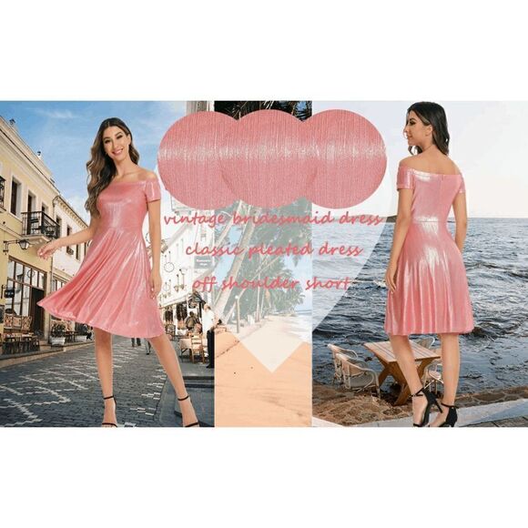 ✨ NWT Metallic Off Shoulder Short Sleeve Cocktail Party Club Pink Dress NWT - Picture 9 of 16
